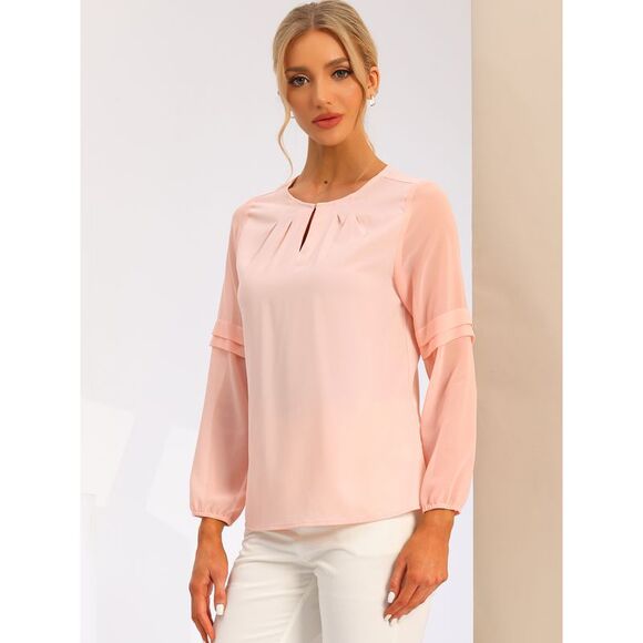 Work Tops Chiffon Shirt Semi Sheer Keyhole Neck Blouse Light Pink - Picture 3 of 6